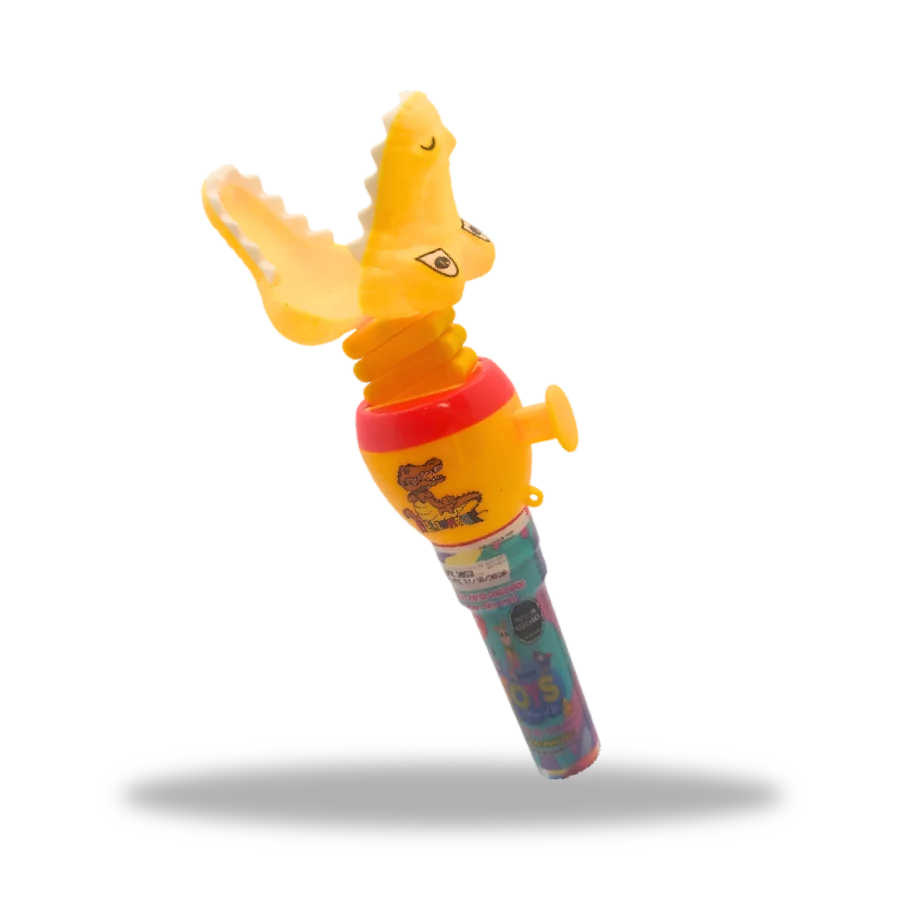 Juguete Clamp Dinosaur Tipo Amarillo con dulces