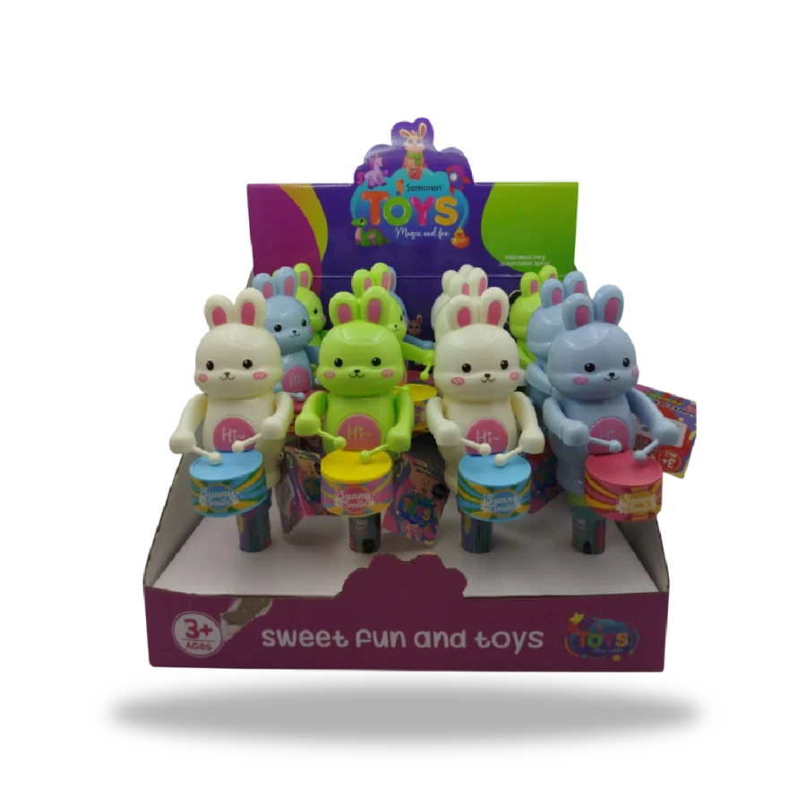 Display completo de 12 figuras Drumming Rabbit con dulces